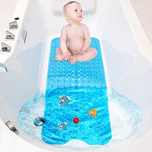 TWBEST Tapis de Baignoire,Tapis de Baignoire Antidérapant, Extra Long Tapis de Bain Lavable en Machine, Tapis de Douche Anti-moisissures avec 200 Ventouse, (100 x 40 cm) (Bleu)