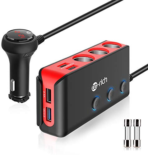 Te-Rich Quick Charge 3.0 Chargeur de Voiture avec Interrupteur Indépendant, 120W Chargeur Allume Cigare USB avec 8.5A 4 Ports USB et 3 Prises pour GPS, Dashcam, Sat Nav, Téléphone, iPad, Tablette