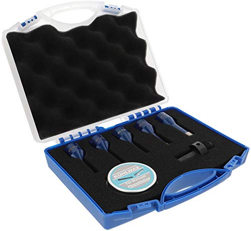 PRODIAMANT Fliesenbohrer Koffer Set 7-teilig 2x 6 mm, 8 mm, 10 mm, 14 mm x M14 für Winkelschleifer mit 6-kant Adapter & Kühl wachs