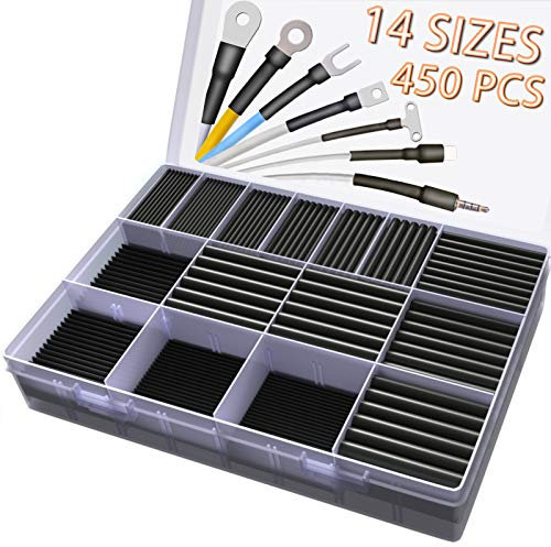 Pointool kit guaina termorestringente, rapporto 2:1, 14 misure, assortimento di guaine termorestringenti per riparazioni di fili, saldatura, cablaggio automobilistico, nero, 450 PZ