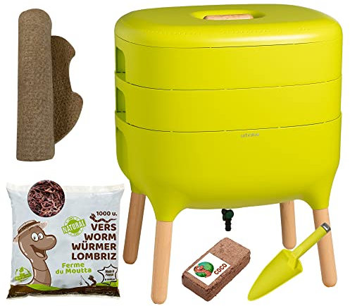 Moutta | Urbalive 2 Plateaux Vert Kit Complet I Lombricomposteur Design I 500gr de vers de Compost I Substrat de démarrage I Tapis de Chanvre + Pelle I Intérieur, Balcon et Jardin