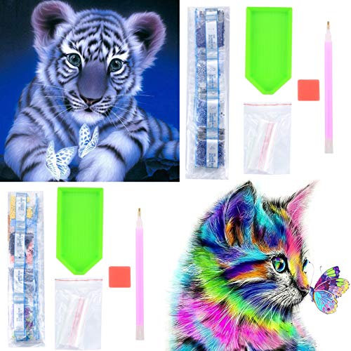 2 Pcs 5D Diamond Art Painting Kits Full Drill, Cat Butterfly and Tiger Crystal Rhinestone Embroidery Pictures DIY Craft Paintings Kits Gifts for Kids, Adults, Home Wall Decor