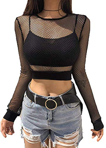 Springcmy Women's Y2K Sexy Mesh Sheer Tops Long Sleeve See-Through Slim Fishnet Slim Fit Crop Tops Beach Cover Up Party Clubwear
