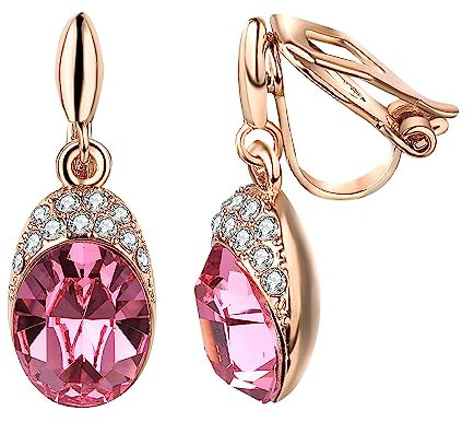 Vogem Pink Clip On Earrings for Women Cubic Zirconia Oval Drop Earrings Clip On Wedding Statement Jewellery
