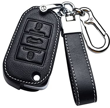 HIBEYO Coque de clé à Rabat en Cuir pour Peugeot 206 307 408 5007 Étui de Protection pour clé de Voiture Citroën DS4 C4L C8 Cactus Porte-clés télécommande Flip -B Noir