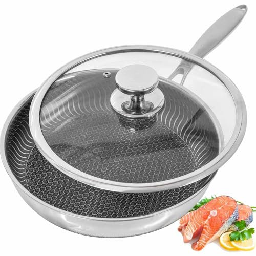 AUDANNE Sartenes con tapa, sartén grande de acero inoxidable de 10 pulgadas con asa, sartén de inducción apta para horno, negro de 10 pulgadas