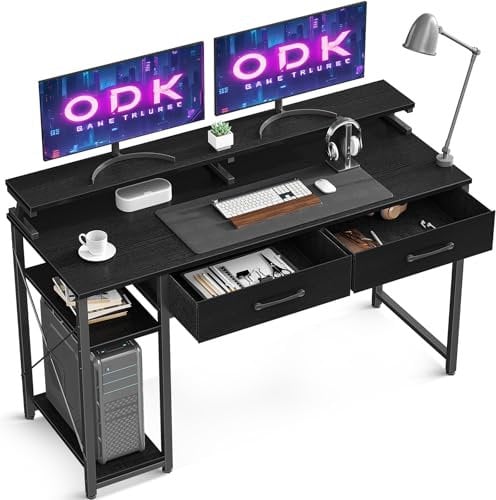 ODK Schreibtisch mit 2 Schubladen, Computertisch mit Regalen und Monitorständer, Bürotisch mit Bücher Regal, Gaming Tisch Klein PC-Tisch Officetisch für Home Office(Schwarz, 120x50x87cm)