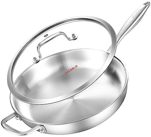 DELARLO Tri-Ply Stainless Steel Pan with Lid 12inch丨Compatible with All Cooktops Up to 600℉丨Stainless Steel Skillet 12 inch丨Heavy Duty丨Frying Pan with Lid丨18/10 Large Cooking Surface