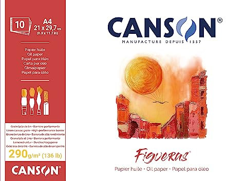 Canson Figueras, Papel óleo, Grano imitación lino, 290gsm, Bloc encolado por lado corto, A4-21x29,7cm, Blanco, 10 hojas