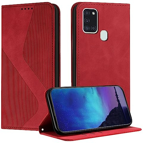 Fatcatparadise Kompatibel mit Samsung Galaxy A21S Hülle, Handyhülle für Samsung A21S, PU Leder Flip Klappbare Wallet Magnet Case Handytasche Klapphülle Schutzhülle für Samsung A21S Hülle (Rot)
