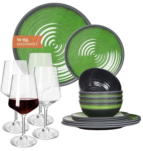 Melamin Camping Geschirr Set 4 Personen Stone Green + 4 Milano Rotwein Gläser Rot Weingläser Tafelgeschirr Picknick BBQ Kochgeschirr