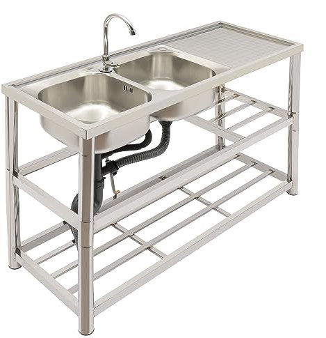 Freistehende Edelstahl Spültisch 2 Becken, Gastronomie Spüle Gewerbe mit Wasserhahn & Abflusseinheit, Multifunktionswaschtisch für Outdoor und Camping