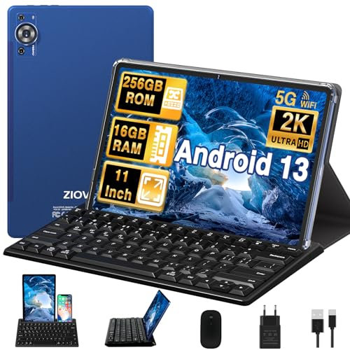 ZIOVO Tablette 11 Pouces Android 13 Tablette,16Go RAM+256Go ROM/TF 1To,2K Écran Octa-Core 2.0GHz,5G WiFi/2000 * 1200/ 8600mAh/13+5MP/GMS/Couvercle métallique,Tablette avec Clavier et Souris - Bleu