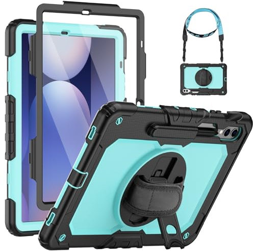 SEYMCY Case for Samsung Galaxy Tab S10+ / S9+ / S9 FE+ Plus 12.4 inch, Shockproof with Screen Protector, 360° Rotating Hand Strap & Stand, Shoulder Strap for Samsung S10/S9 Plus Tablet, Sky Blue