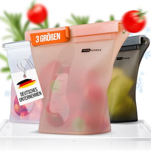 Your Nuance Silikonbeutel, Wiederverwendbare Gefrierbeutel (3er set) [Auslaufsicher, Spühlmaschienenfest] Kühlschrank Organizer, Küchen Aufbewahrung und Organisation, Zip Beutel, Meal prep (Rot)