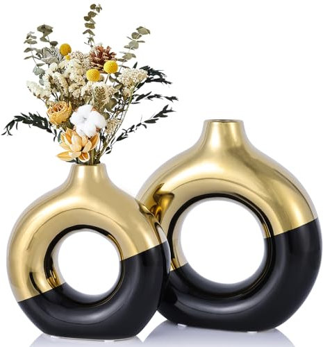 Donut-Vase Schwarz-Gold – Keramikvase mit Loch, Moderne Runde Vasen für Pampasgras, Couchtisch & Regal | Minimalistische Dekoration, Esstisch-Deko, Kaminsims & Wohnzimmer