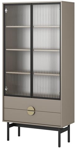 Selsey Vitrine Glas Vitrinenschrank Glasvitrine Wohnzimmer Glastür Hoch 84 cm 2 Schubladen 4 Fächer Beige Cappuccino Stoon
