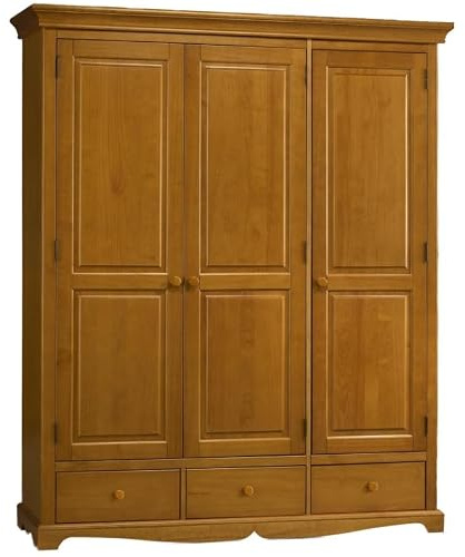 ACTUAL DIFFUSION Armoire Penderie Pin Miel 3 Portes 3 Tiroirs 6 Niches L 164.3 H 194.8 P 54.5 cm