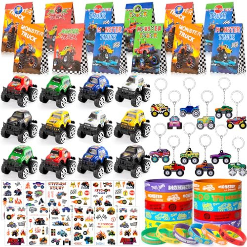 G.C Monster Truck Party Mitgebsel Kindergeburtstag 5 6 7 8 9 Jahre mit Mini Monster Truck Schlüsselanhänger Geschenktüten Monstertruck Give Aways Gastgeschenk Kindergeburtstag Pinata Füllung Jungen