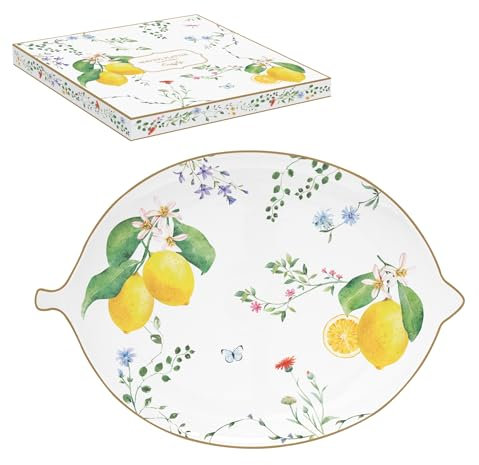 COFFRET ASSIETTE FORME CITRON 25X18CM EN PORCELAINE FLEURS ET CITRONS