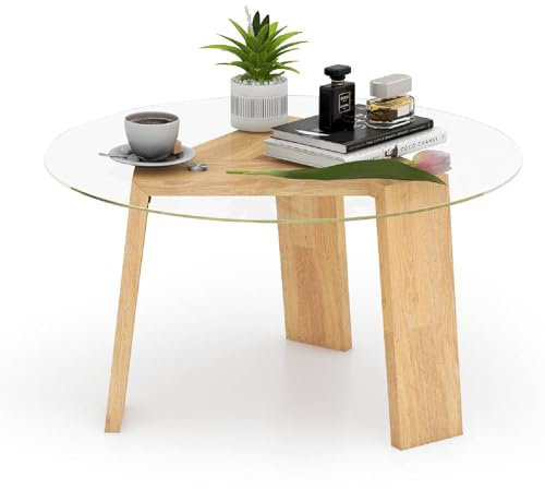 COSTWAY Coffee Table, Tempered Glass Cocktail Center Table with Rubber Wood Legs, Compact Accent Tea Tables End Sofa Side Table for Living Room, Bedroom and Office (Round, Natural)