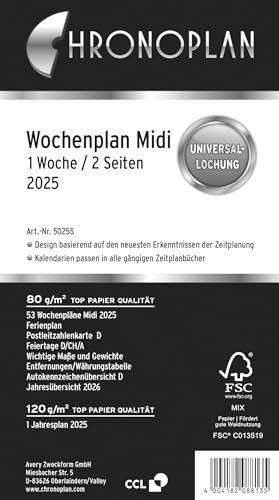 Chronoplan 50555 Kalendereinlage 2025 (Wochenplan Midi (96x172mm), Ersatzkalendarium für Terminplaner, ideal für detaillierte Wochenplanung, 1 Woche auf 1 Seite in Zeilen, mit Universallochung) weiß