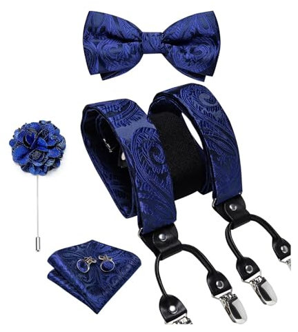 WENH Bretelles de Luxe en Soie Blanche for Hommes, 6 Clips réglables, en Cuir et métal, nœud Papillon pré-noué, Broche, Ensemble carré de Poche (Color : BD-4042-0137)