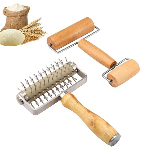 WarmHut 2Pcs Pizza Dough Roller & Dough Docker, Wood Rolling Pin Stainless Steel Dough Hole Puncher for Pizza, Pie, Pastry, Bread, Pasta, Cookie, Crust, burlywood, JKUS20407