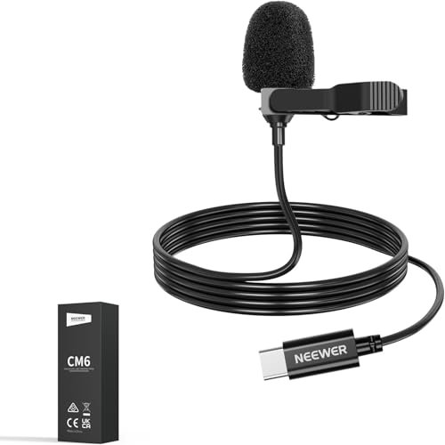 NEEWER Mini USB C Lavalier Microphone for iPhone 16 15 Pro Max Plus, Clip On Omnidirectional Condenser Lapel Mic with 2m/6.6ft Cable for Android Phone/Tablet/Computer/PC with Type C Interface, CM6