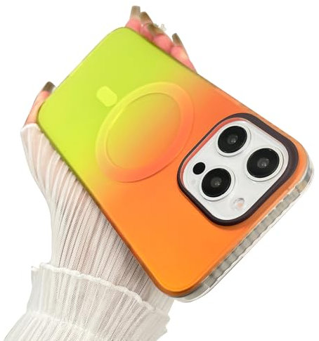 UZEUZA Magnetic Fluorescent Iridescent Gradient Luxury Phone Case for iPhone 15 Pro Max[Compatible with MagSafe] Matte Texture Shockproof Protective Slim Phone Cover for Women Men,Orange Yellow