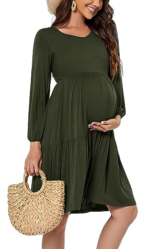 Smallshow Women's Maternity Dress Long Sleeve Ruffle Pregnancy Clothes Army Green L