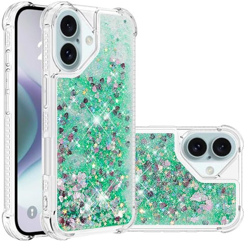 QIWEIQING Crystal Case for iPhone 16, Glitter Stars Floating Quicksand Cover Heavy Duty Protection TPU Protective Bumper Compatible for iPhone 16. Green YBL