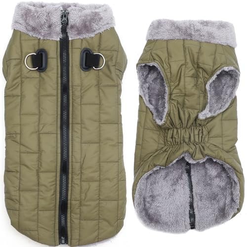 JoyDaog Warmer Fleece-Hundemantel mit strapazierfähigem Geschirr mit D-Ring, wasserdichte Welpenjacke für kleine Hunde, Hundeweste für den kalten Winter, Grün, Größe M