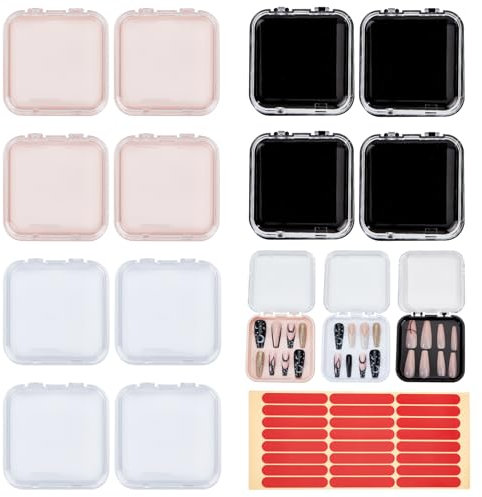 NICENEEDED 12 Pcs Pink, White, Black Plastic Mini Press On Nail Storage Boxes with Clear Lids and Adhesive Tape for Home DIY Nail Salon