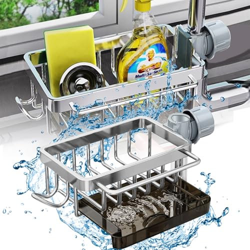 Bailtouk Spülbecken Organizer, Wasserhahn Lagerregal mit Abnehmbarer Abtropfschale, Hängend Metall Schwammhalter Spüllappenhalter Seifenhalter Dusche für Küche und Badezimmer (Silber)