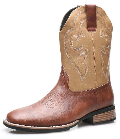 Stivali da Cowboy Western per Uomo in Pelle PU Vintage con Punta Quadrata a metà Polpaccio Slip-On Stivali da Lavoro e Casual Stile Vecchio West,Giallo,41 EU