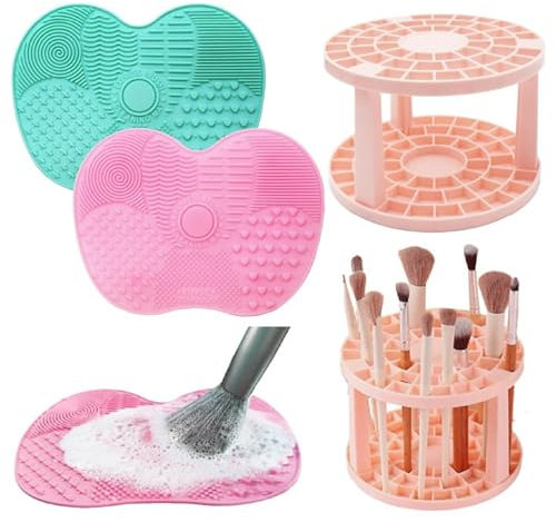 PXBSNB 3 Pièces Tapis de Nettoyage en Silicone pour Pinceaux, Outil de Lavage Portable Epurateur, Tapis de Nettoyage pour Pinceau de Maquillage, Epurateur de Lavage en Silicone Souple(Rose+Vert)