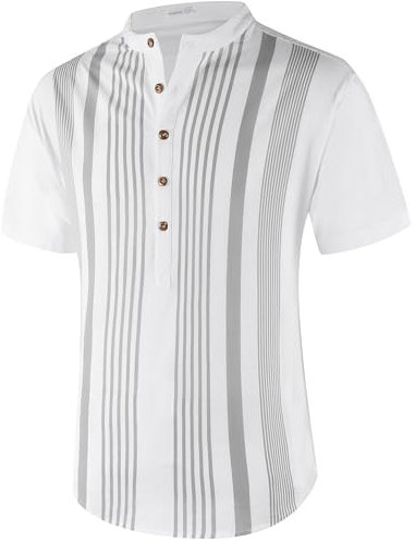 APTRO Mens Short Sleeve Linen Shirts Casual Cotton Summer Hawaiian Shirts Striped Grandad Henley Shirts White MHL51 3X