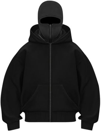 Generisch Felpa con cappuccio Ninja con passamontagna da uomo e da donna con chiusura lampo, oversize, collo alto, maglione unisex invernale, tasche termiche, con cappuccio, hip hop, a maniche lunghe,