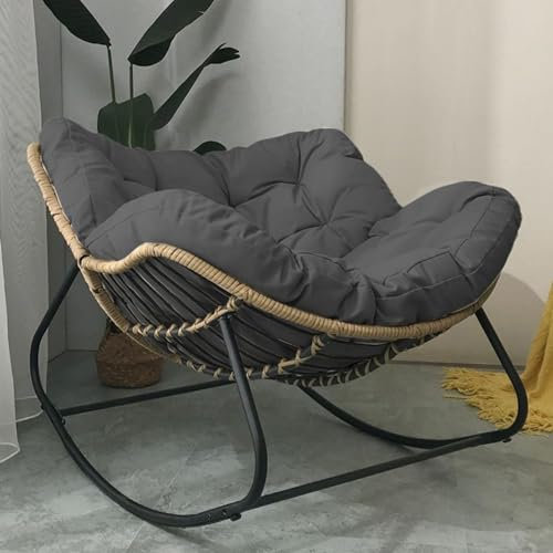 Patio Papasan Rocking Chair With Cushion Padded - Indoor Outdoor Oversized Rattan Wicker Lounge, Egg Rocker With Metal Frame Large Supports Modern Design (Dark Grey)