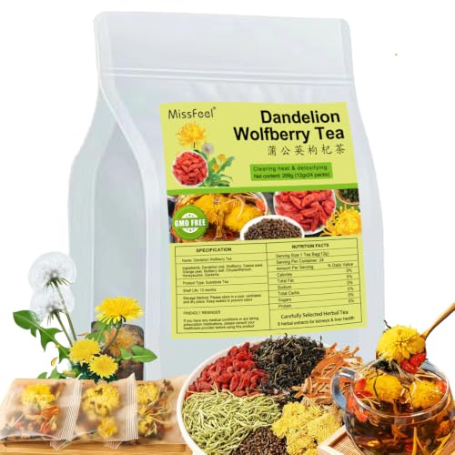Dandelion Wolfberry Tea, 24 Pcs Natural Kidney& Liver Detox Tea, 8 Chinese Herbal Ingredients Blend, Dandelion Wolfberry, Cassia seed, Chrysanthemum, Honeysuckle (288g (12gx24 packs)