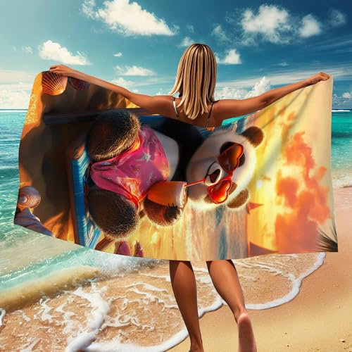 Strandtuch mit niedlichem Panda-Motiv, Mikrofaser, extra groß, lustiger Cartoon-Druck, sandfrei, leicht, schnell trocknend, Handtuch für Strand, Pool, Camping, Picknick, Reisen, 178 x 89 cm