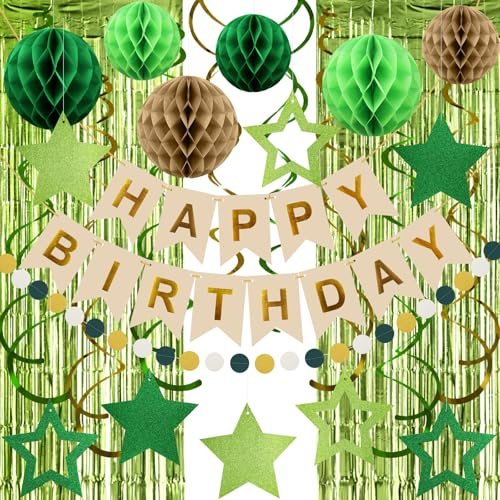 Tolle Geburtstag Deko Set - Geburtstag Banner, Folien Vorhänge, Wabenbälle & Party Accessoires Retro Grüne Geburtstagsdeko - Für Jungens/Mädchen Kindergeburtstag - Einfache Montage