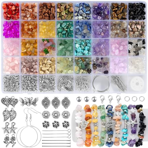 Funtopia Perlen für Armbänder,1200-Kristallperlen zum Auffädeln,32 Farben Natursteinperlen Armband Perlen,Unregelmäßige 5-8mm Gemstones Abstandshalterperle,DIY-bastelsets Selber Machen für Erwachsene