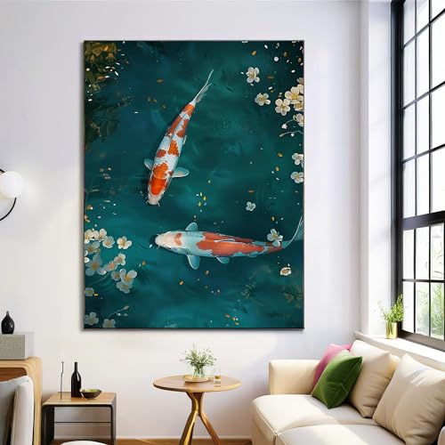 Leinwand Bilder Poster Natur, Fallen Flower Koi Bilder Türkis Aesthetic Wandbilder, Chinesisches Tier Wohnzimmer Schlafzimmer Wandkunst, Ohne Rahmen Leinwand, 70X100Cm