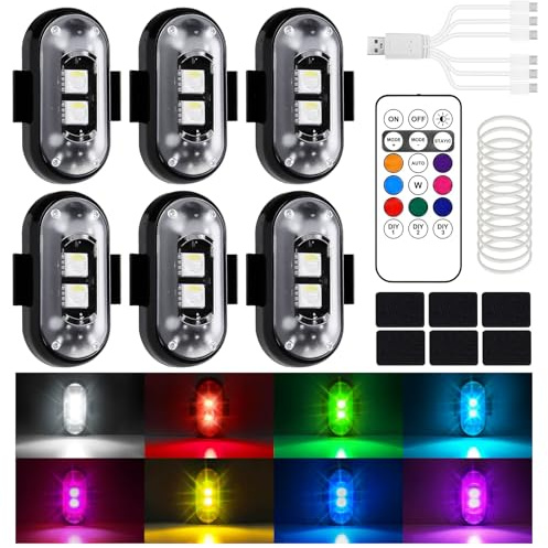 EOPUOZS 6 Stück Kabellose LED Lichter Autos, Wasserdicht Auto Antikollisionslichter mit Fernbedienung, 8 Farben USB Aufladung Blitzleuchte für Motorrad, RC-Auto, Drohne, LKW