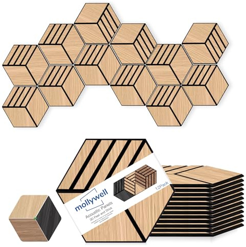Mollywell Hexagon Acoustic Panels, Natural Oak, 12 Pack, 35x30 cm | Self-Adhesive, High Density Polyester, NRC 0.95, Sound Dampening, Echo Reduction, Studio, Home, Office, Gaming Room