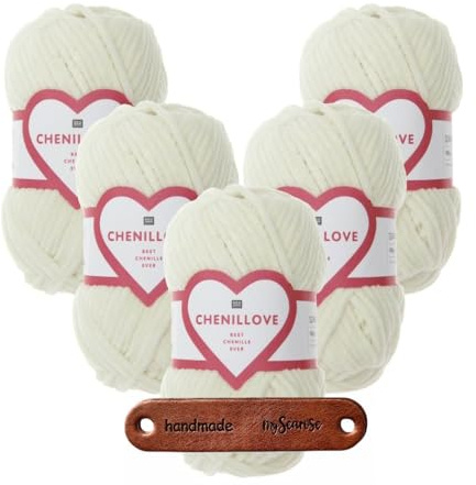 Rico Design 5 x 100g Creative Chenillove 01 creme Premium Wolle superweiches Chenillegarn für Stricken & Häkeln von Decken Kissen Amigurumi Babyprojekten und Wohnaccessoires mit mySearose Label