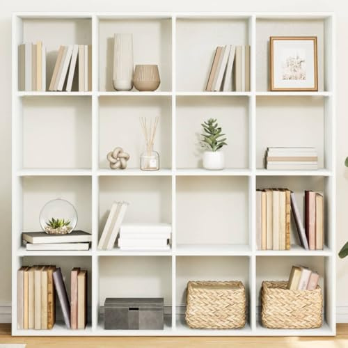 LoogCape Bücherregal Weiß 137,5x29x137,5 cm, Holzwerkstoff, 16 Fächer, Standregal für Wohnzimmer, modernes Design, vielseitiger Raumteiler