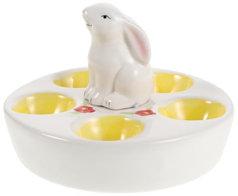 ULTECHNOVO Ostereierhalter Keramik 5-Eier Tablett weiß, handbemalt mit 3D-Hase, rutschfest für Ostereier, Frühstückstisch für Familie, Frühlingsdeko für Esszimmer